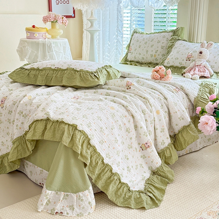 91家纺网 家纺一手货源 找家纺 韩约家纺 2026新款法式大花边泡芙棉床单款夏凉被空调被被套四件套 摩卡人生