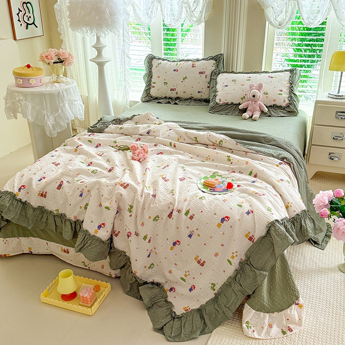 91家纺网 家纺一手货源 找家纺 韩约家纺 2026新款法式大花边泡芙棉床单款夏凉被空调被被套四件套 童趣