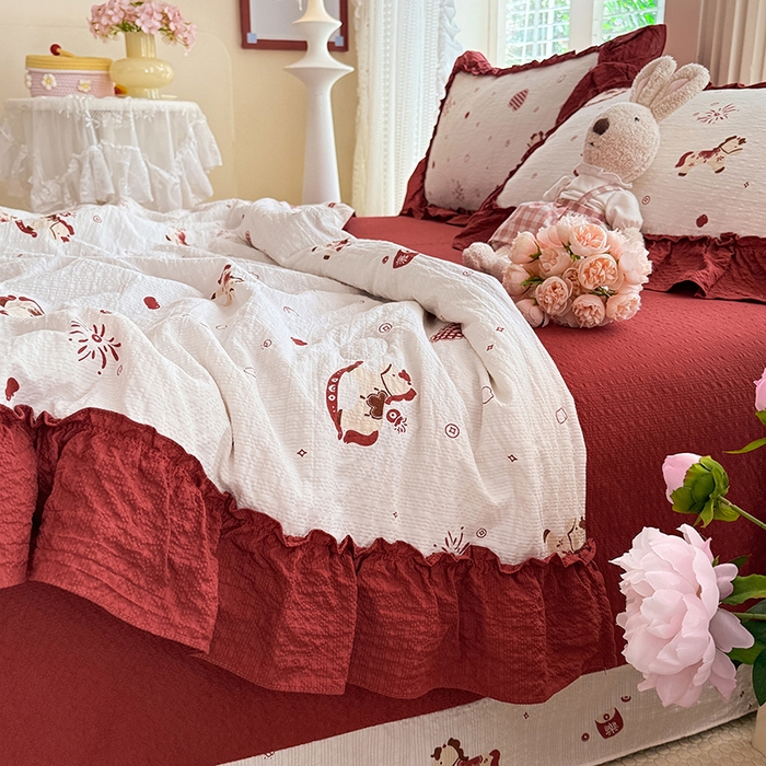 91家纺网 家纺一手货源 找家纺 韩约家纺 2026新款法式大花边泡芙棉床单款夏凉被空调被被套四件套 马上鸿运