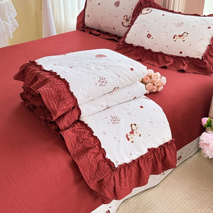 韩约家纺 2026新款法式大花边泡芙棉床单款夏凉被空调被被套四件套 马上鸿运