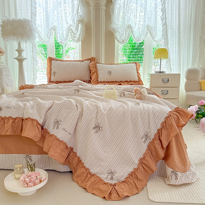 91家纺网 家纺一手货源 找家纺 韩约家纺 2026新款法式大花边泡芙棉床单款夏凉被空调被被套四件套 蝴蝶结