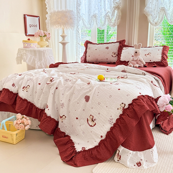 91家纺网 家纺一手货源 找家纺 韩约家纺 2026新款法式大花边泡芙棉床单款夏凉被空调被被套四件套 马上鸿运