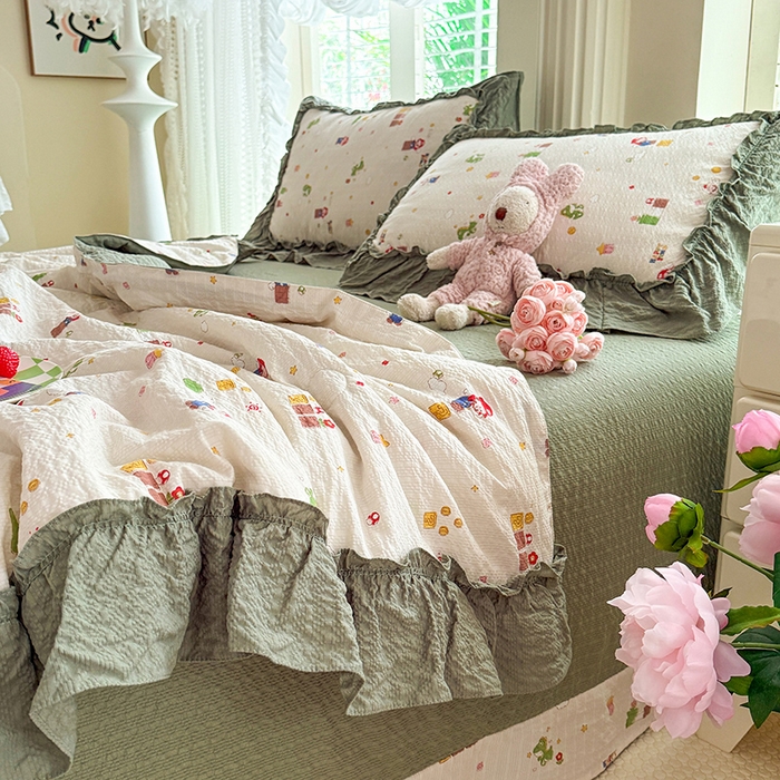 91家纺网 家纺一手货源 找家纺 韩约家纺 2026新款法式大花边泡芙棉床单款夏凉被空调被被套四件套 童趣