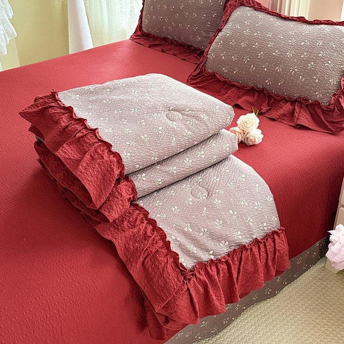 韩约家纺 2026新款法式大花边泡芙棉床单款夏凉被空调被被套四件套 花见喜