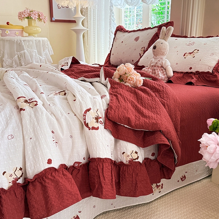 91家纺网 家纺一手货源 找家纺 韩约家纺 2026新款法式大花边泡芙棉床单款夏凉被空调被被套四件套 马上鸿运