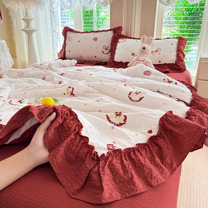 91家纺网 家纺一手货源 找家纺 韩约家纺 2026新款法式大花边泡芙棉床单款夏凉被空调被被套四件套 马上鸿运