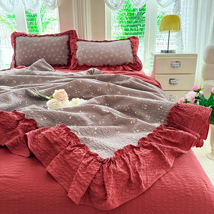 91家纺网 家纺一手货源 找家纺 韩约家纺 2026新款法式大花边泡芙棉床单款夏凉被空调被被套四件套 花见喜