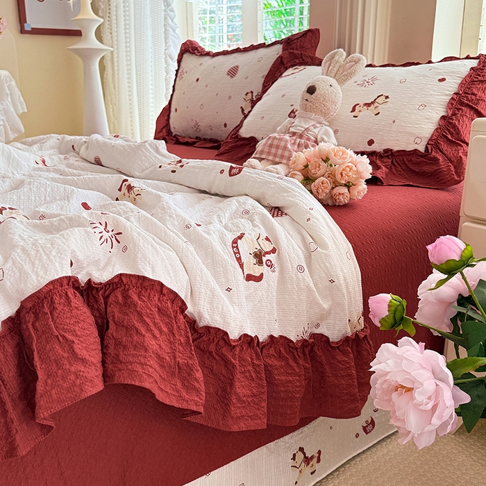 91家纺网 家纺一手货源 找家纺 韩约家纺 2026新款法式大花边泡芙棉床单款夏凉被空调被被套四件套 马上鸿运