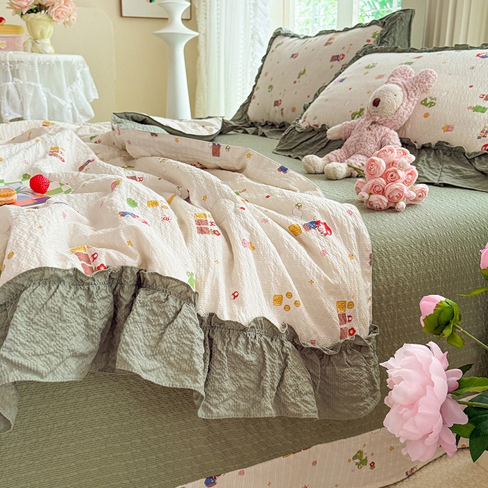 91家纺网 家纺一手货源 找家纺 韩约家纺 2026新款法式大花边泡芙棉床单款夏凉被空调被被套四件套 童趣