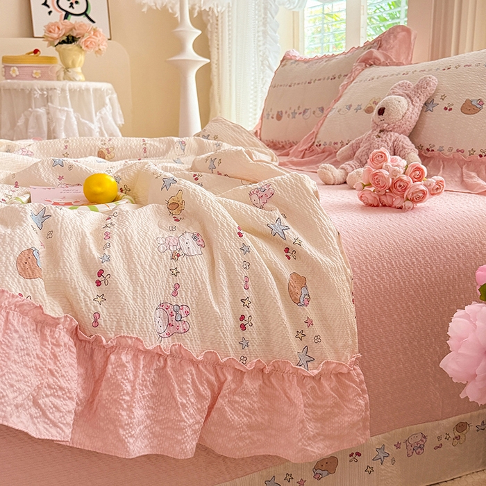 91家纺网 家纺一手货源 找家纺 韩约家纺 2026新款法式大花边泡芙棉床单款夏凉被空调被被套四件套 甜心kitty