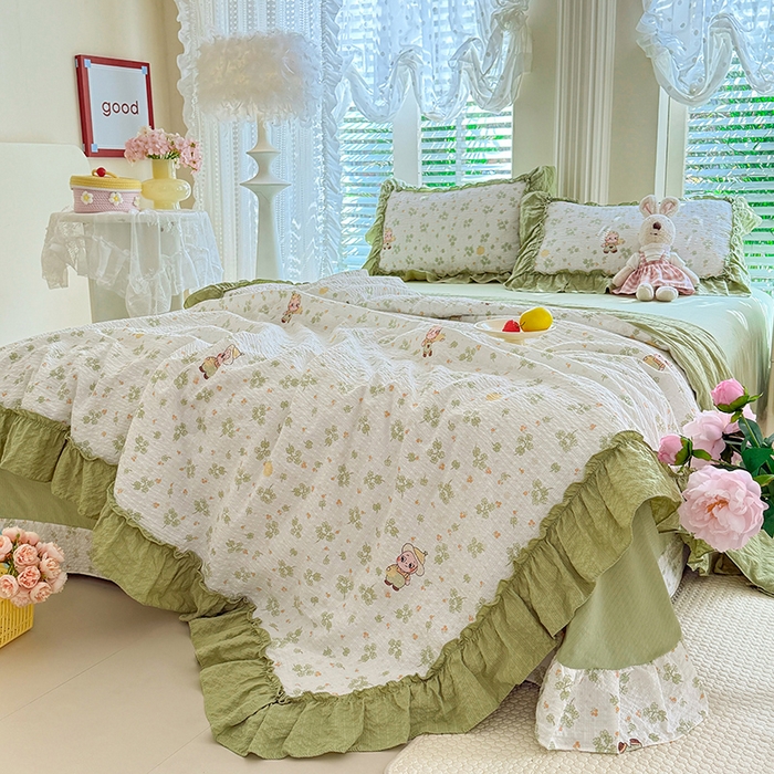 91家纺网 家纺一手货源 找家纺 韩约家纺 2026新款法式大花边泡芙棉床单款夏凉被空调被被套四件套 摩卡人生