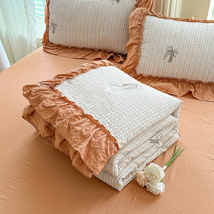 91家纺网 家纺一手货源 找家纺 韩约家纺 2026新款法式大花边泡芙棉床单款夏凉被空调被被套四件套 蝴蝶结