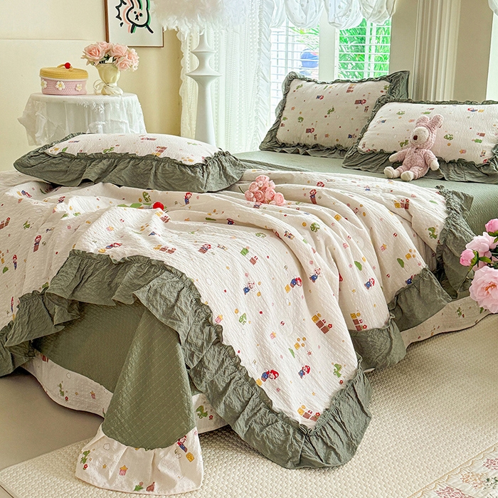 91家纺网 家纺一手货源 找家纺 韩约家纺 2026新款法式大花边泡芙棉床单款夏凉被空调被被套四件套 童趣