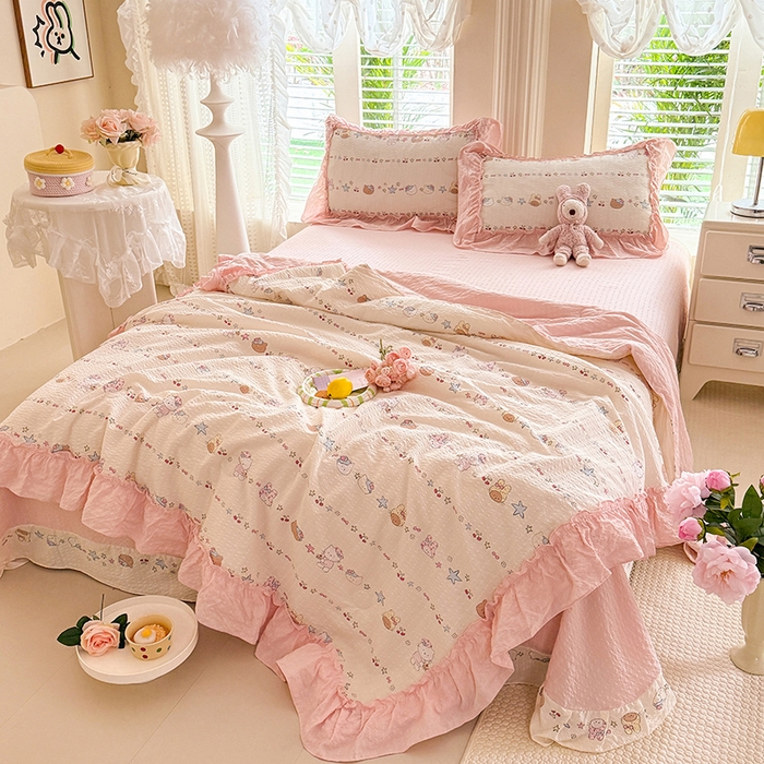 91家纺网 家纺一手货源 找家纺 韩约家纺 2026新款法式大花边泡芙棉床单款夏凉被空调被被套四件套 甜心kitty