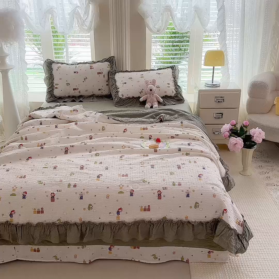 91家纺网 家纺一手货源 找家纺 韩约家纺 2026新款法式大花边泡芙棉床单款夏凉被空调被被套四件套 童趣