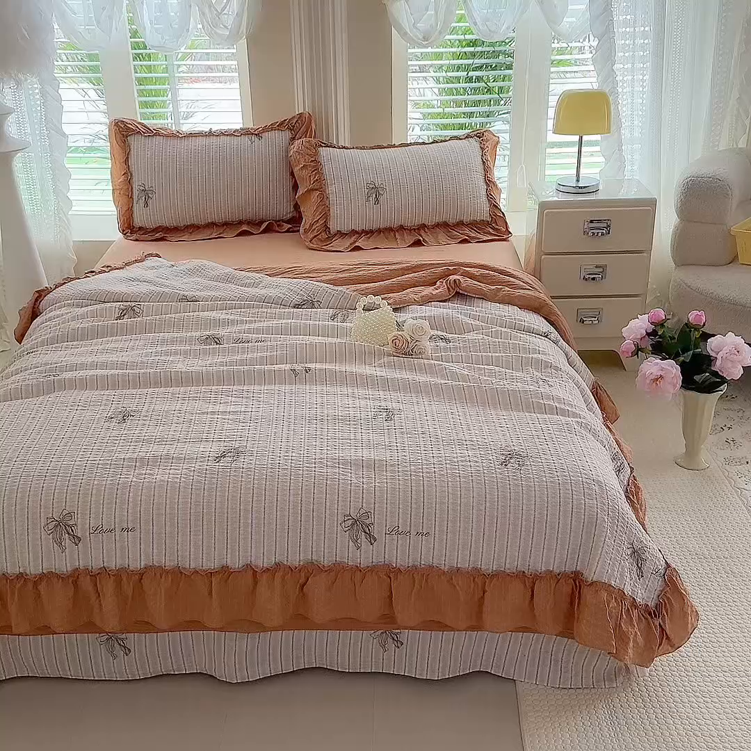 91家纺网 家纺一手货源 找家纺 韩约家纺 2026新款法式大花边泡芙棉床单款夏凉被空调被被套四件套 蝴蝶结