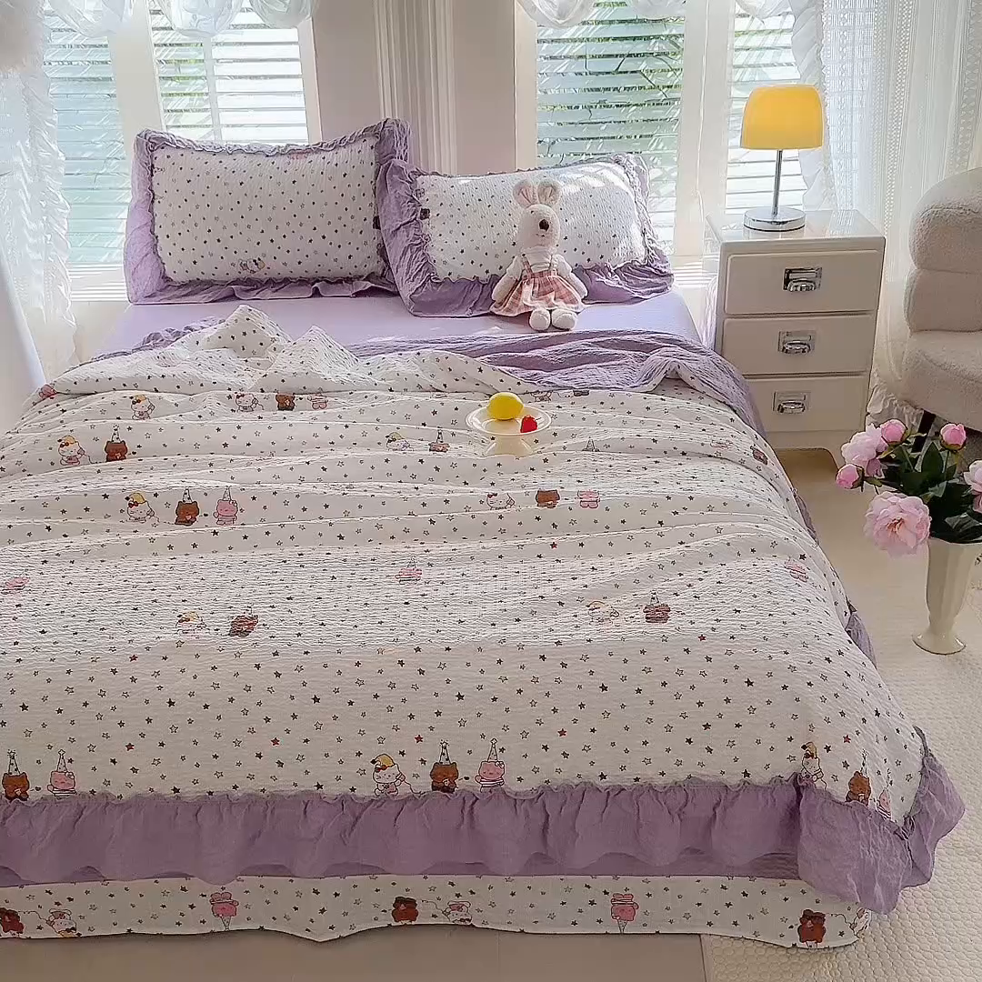 91家纺网 家纺一手货源 找家纺 韩约家纺 2026新款法式大花边泡芙棉床单款夏凉被空调被被套四件套 布蕾可可