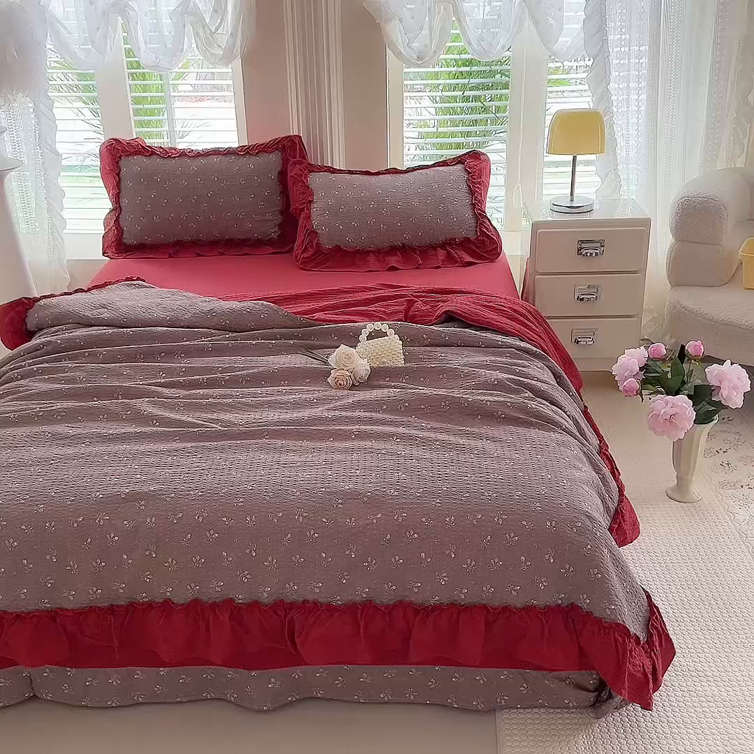 91家纺网 家纺一手货源 找家纺 韩约家纺 2026新款法式大花边泡芙棉床单款夏凉被空调被被套四件套 花见喜