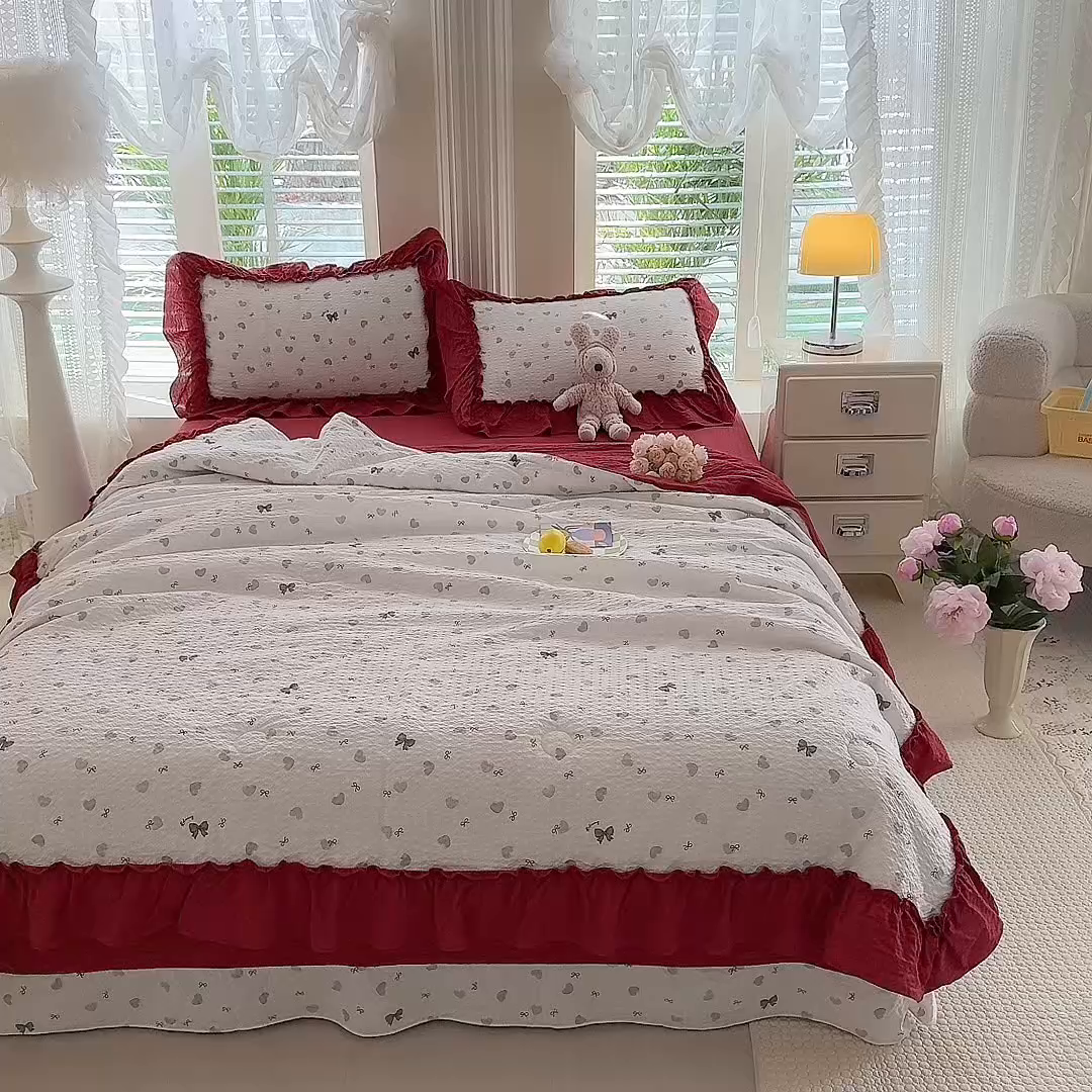 91家纺网 家纺一手货源 找家纺 （总）韩约家纺 2026新款法式大花边泡芙棉床单款夏凉被空调被被套四件套