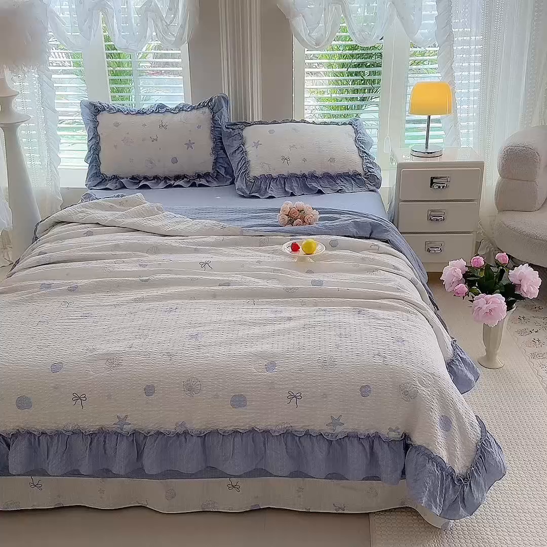 91家纺网 家纺一手货源 找家纺 韩约家纺 2026新款法式大花边泡芙棉床单款夏凉被空调被被套四件套 睛喜