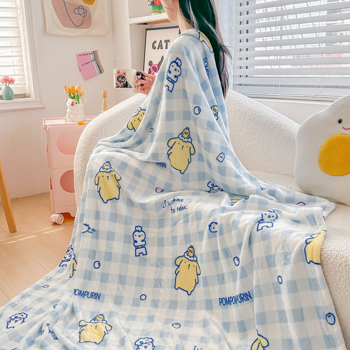 91家纺网 家纺一手货源 找家纺 博雅 2026新款三丽鸥小版牛奶绒盖毯午睡毯 小版-蓝格布丁狗