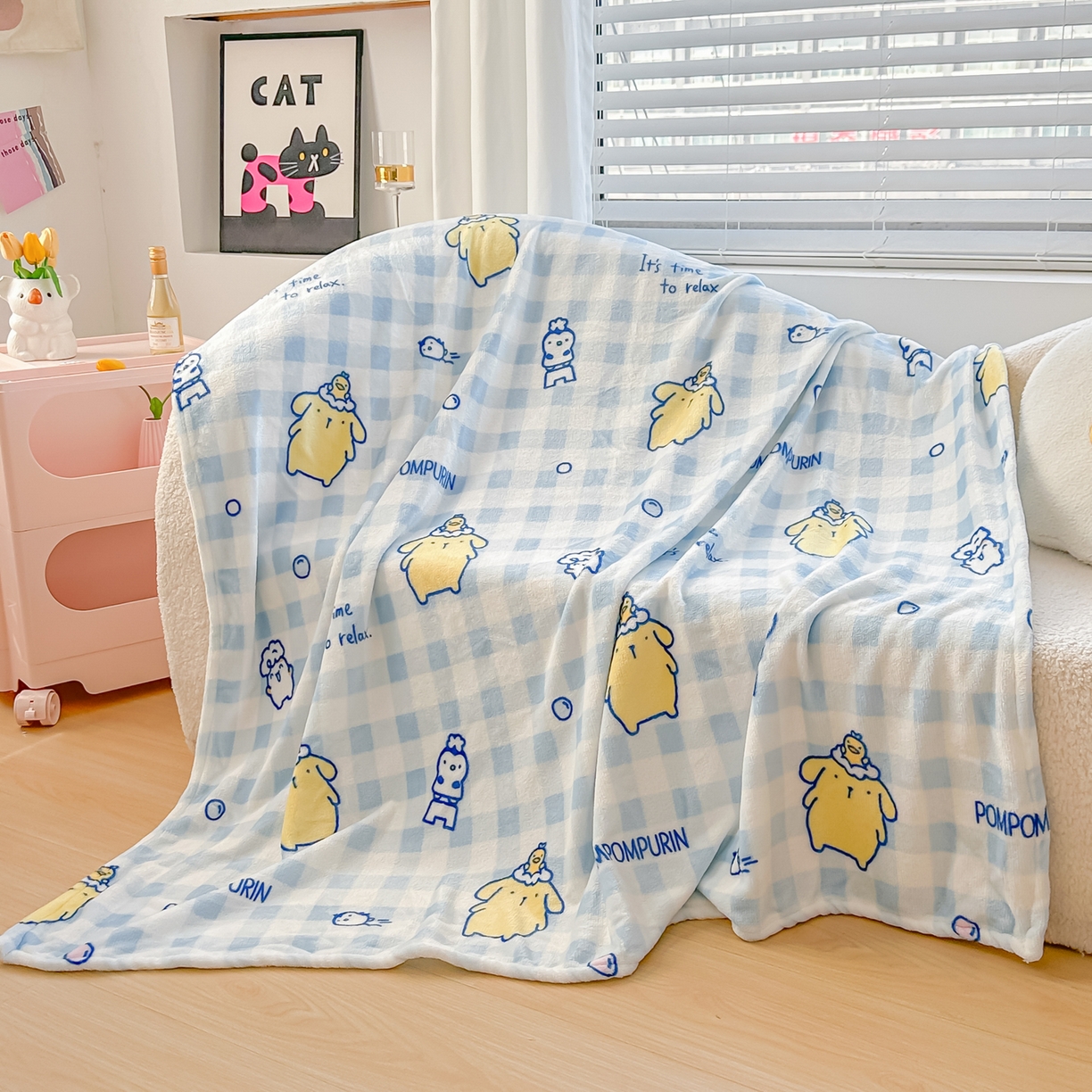 91家纺网 家纺一手货源 找家纺 博雅 2026新款三丽鸥小版牛奶绒盖毯午睡毯 小版-蓝格布丁狗
