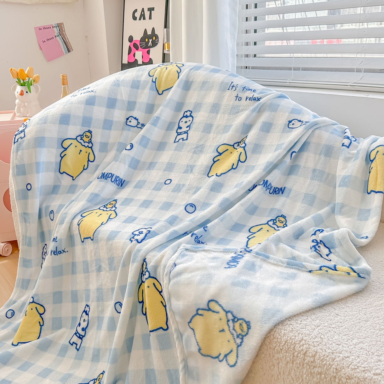 91家纺网 家纺一手货源 找家纺 博雅 2026新款三丽鸥小版牛奶绒盖毯午睡毯 小版-蓝格布丁狗
