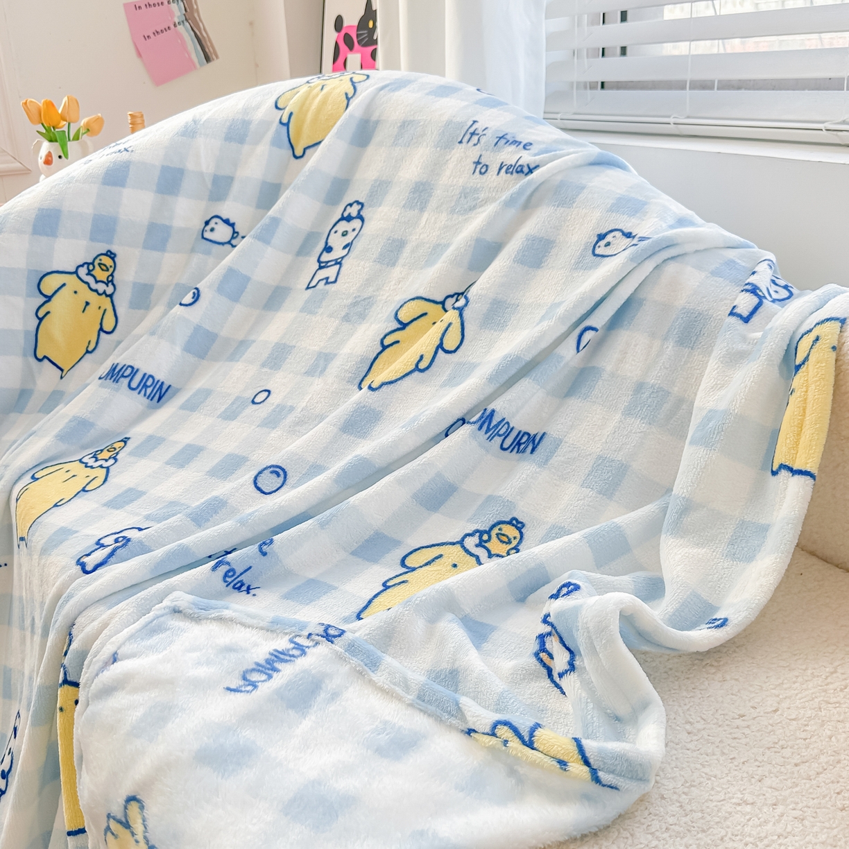 91家纺网 家纺一手货源 找家纺 博雅 2026新款三丽鸥小版牛奶绒盖毯午睡毯 小版-蓝格布丁狗