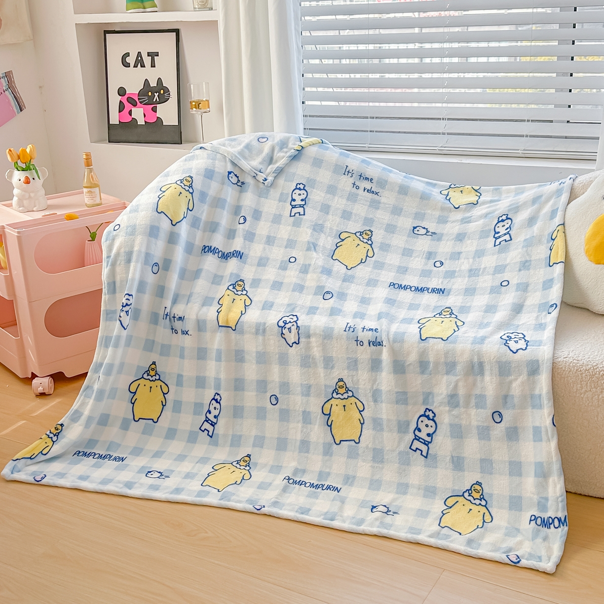 91家纺网 家纺一手货源 找家纺 博雅 2026新款三丽鸥小版牛奶绒盖毯午睡毯 小版-蓝格布丁狗