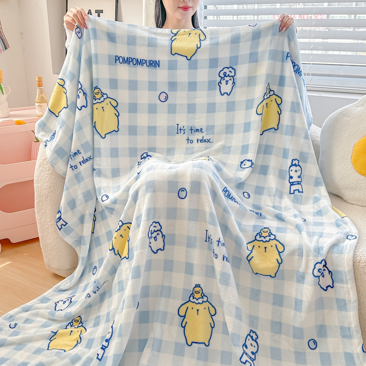 91家纺网 家纺一手货源 找家纺 博雅 2026新款三丽鸥小版牛奶绒盖毯午睡毯 小版-蓝格布丁狗