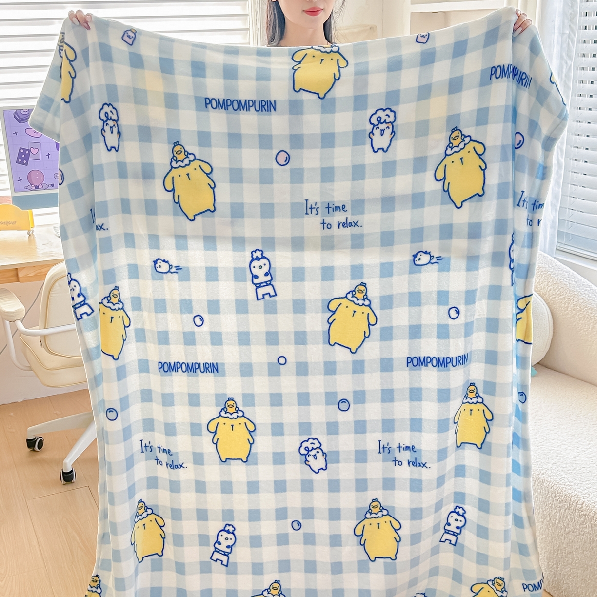 91家纺网 家纺一手货源 找家纺 博雅 2026新款三丽鸥小版牛奶绒盖毯午睡毯 小版-蓝格布丁狗