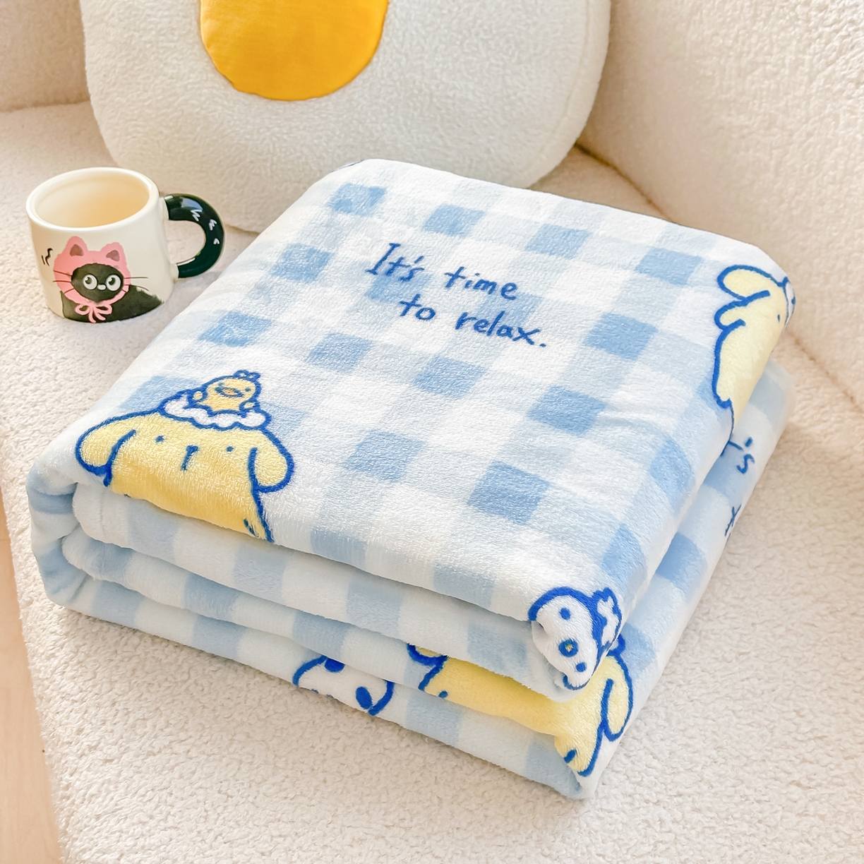 91家纺网 家纺一手货源 找家纺 博雅 2026新款三丽鸥小版牛奶绒盖毯午睡毯 小版-蓝格布丁狗