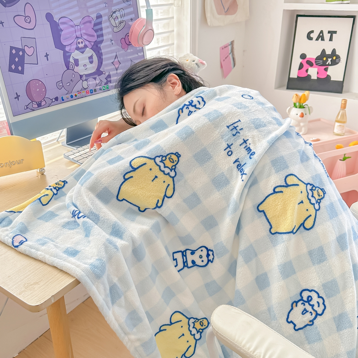 91家纺网 家纺一手货源 找家纺 博雅 2026新款三丽鸥小版牛奶绒盖毯午睡毯 小版-蓝格布丁狗