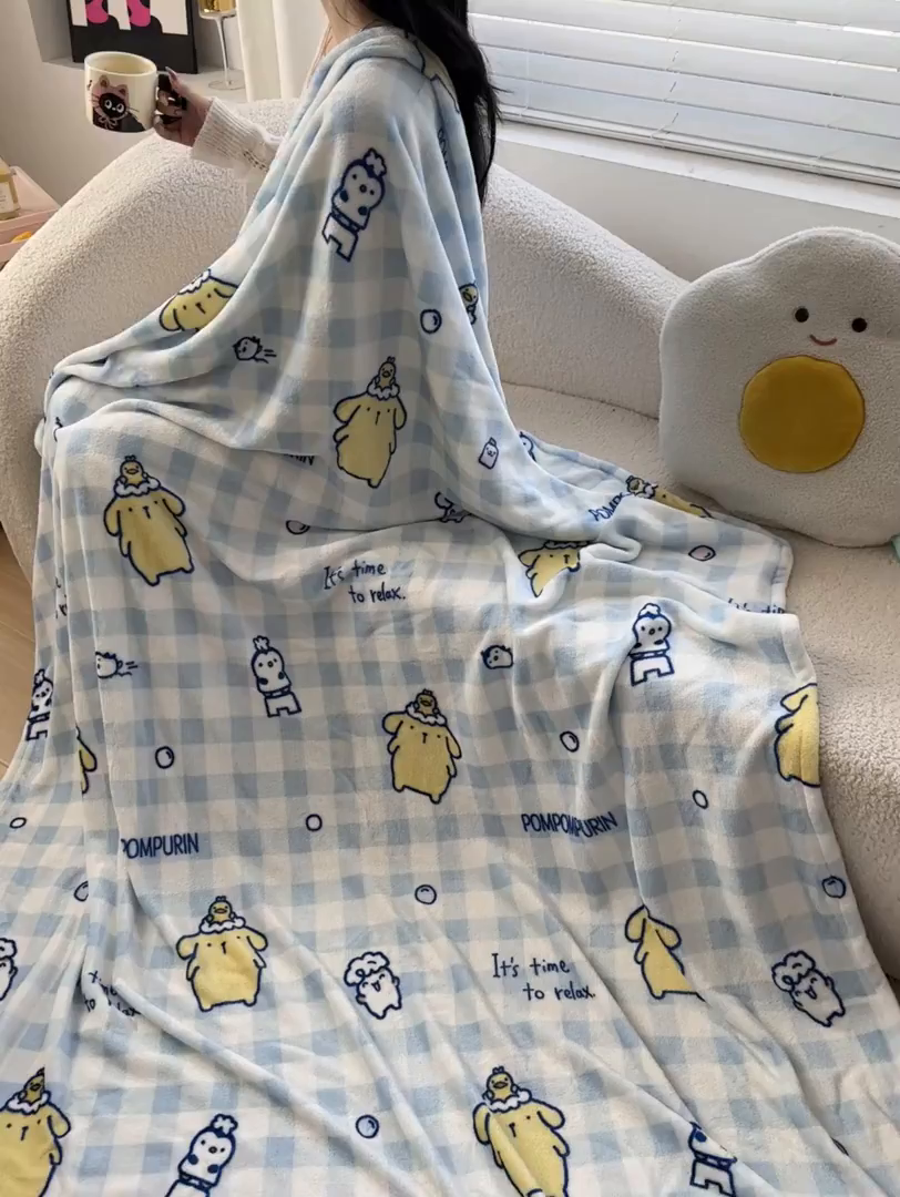 91家纺网 家纺一手货源 找家纺 博雅 2026新款三丽鸥小版牛奶绒盖毯午睡毯 小版-蓝格布丁狗