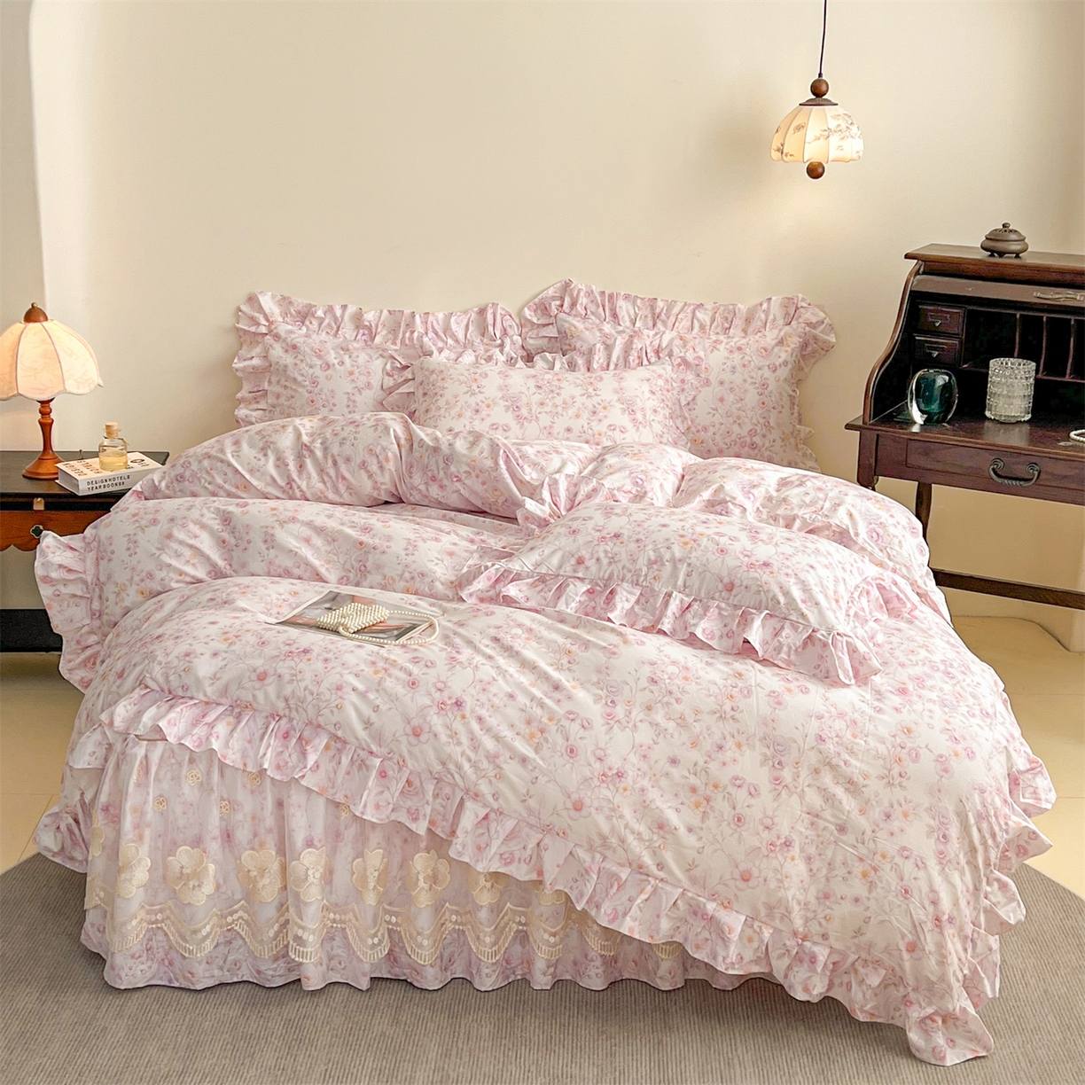 91家纺网 家纺一手货源 找家纺 宜凡家纺 2026新款全棉数码印花单层床裙②号系列四件套 恬静