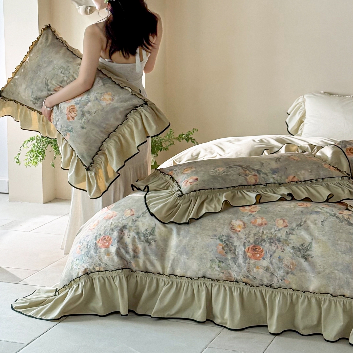 91家纺网 家纺一手货源 找家纺 （总）优然居家纺 2025新款50支全棉纯棉印花法式双头木耳边四件套