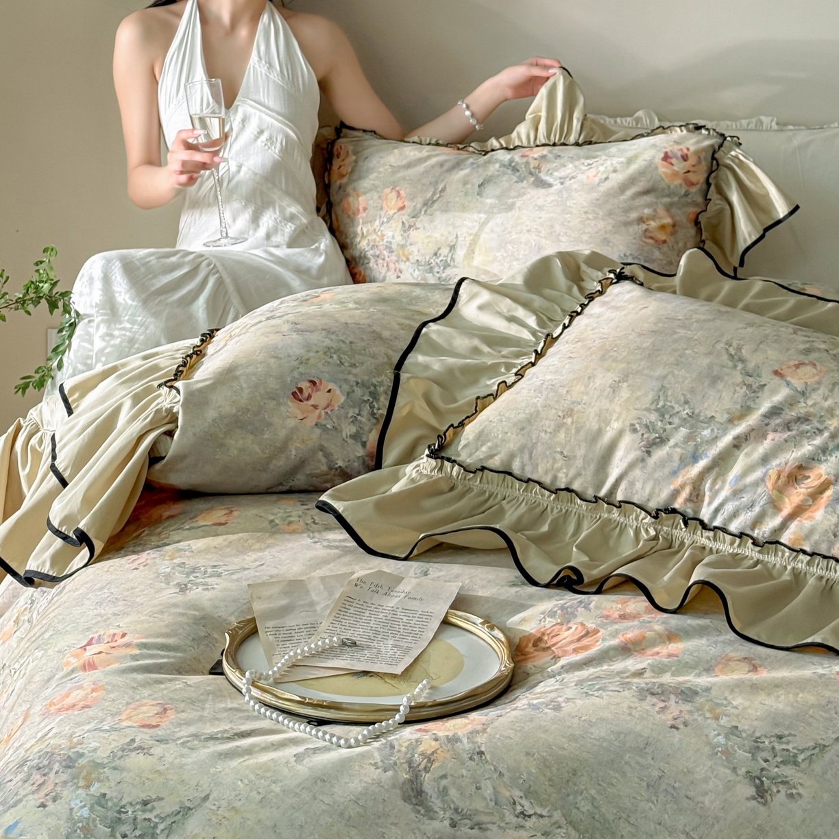 91家纺网 家纺一手货源 找家纺 （总）优然居家纺 2025新款50支全棉纯棉印花法式双头木耳边四件套