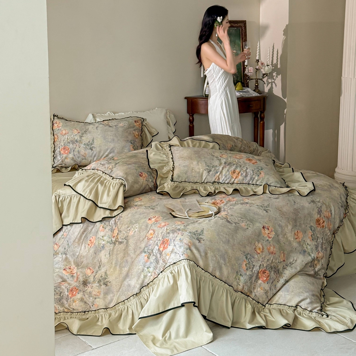 91家纺网 家纺一手货源 找家纺 （总）优然居家纺 2025新款50支全棉纯棉印花法式双头木耳边四件套