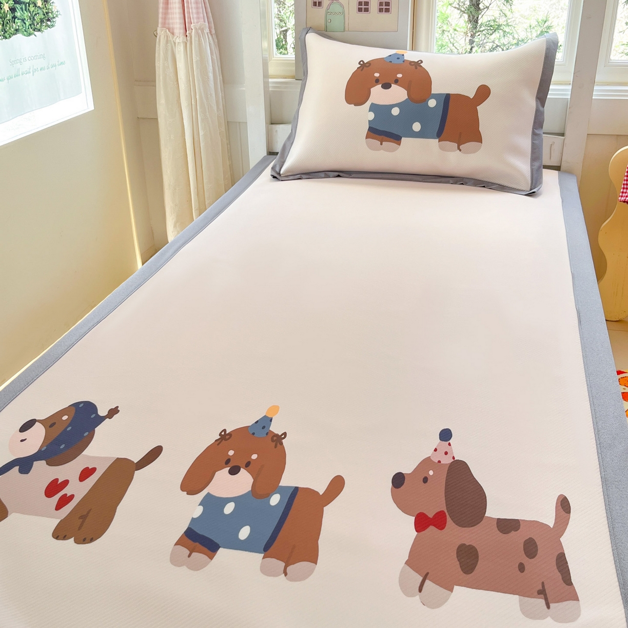 91家纺网 家纺一手货源 找家纺 川悦生活 2026新款凉豆豆大阪卡通学生床凉席席子凉席 咖啡小狗