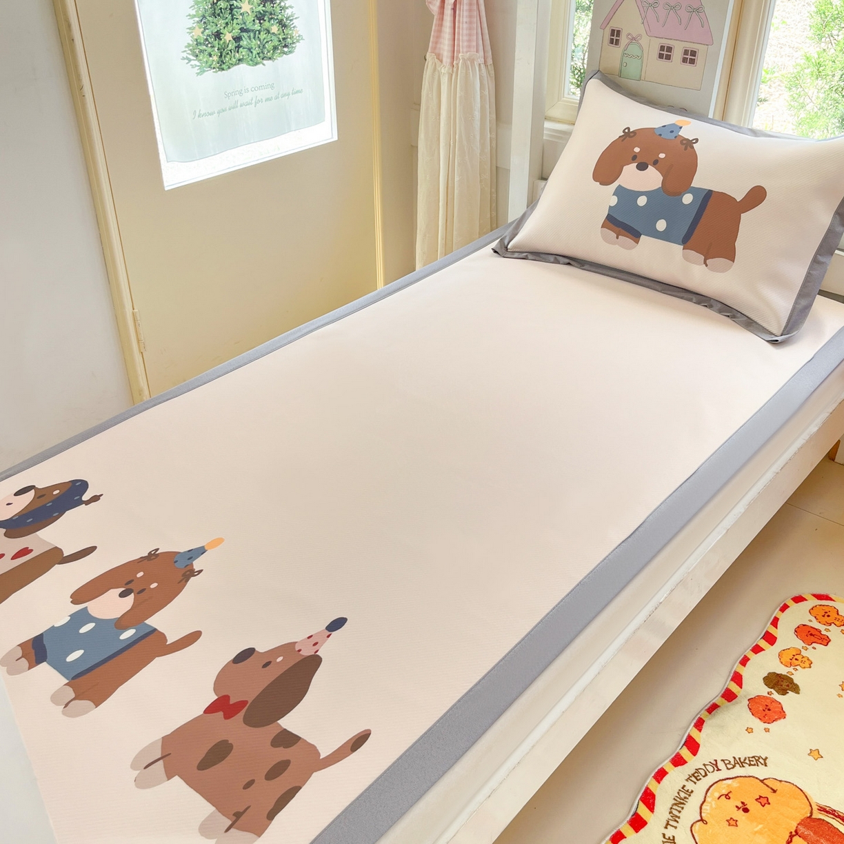 91家纺网 家纺一手货源 找家纺 川悦生活 2026新款凉豆豆大阪卡通学生床凉席席子凉席 咖啡小狗