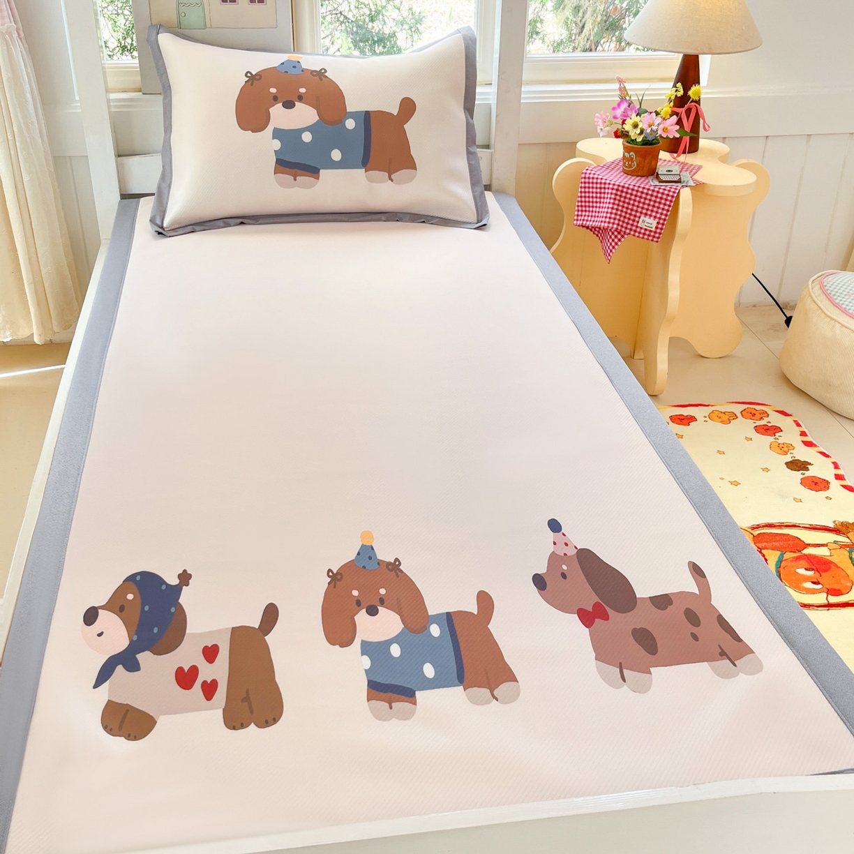 91家纺网 家纺一手货源 找家纺 川悦生活 2026新款凉豆豆大阪卡通学生床凉席席子凉席 咖啡小狗