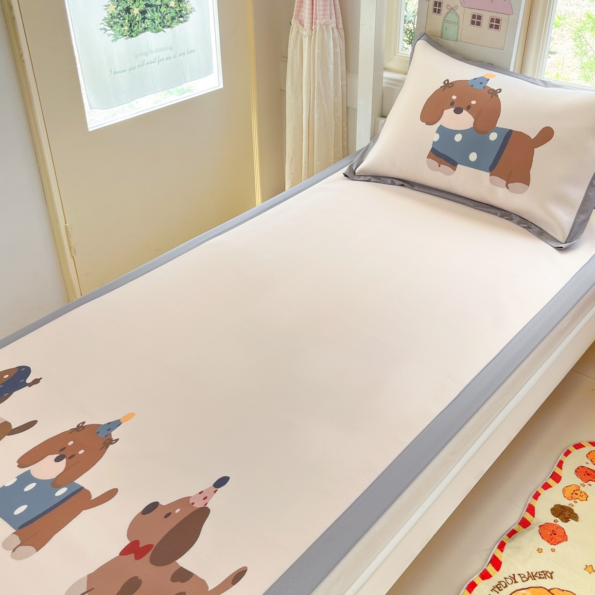 91家纺网 家纺一手货源 找家纺 川悦生活 2026新款凉豆豆大阪卡通学生床凉席席子凉席 咖啡小狗