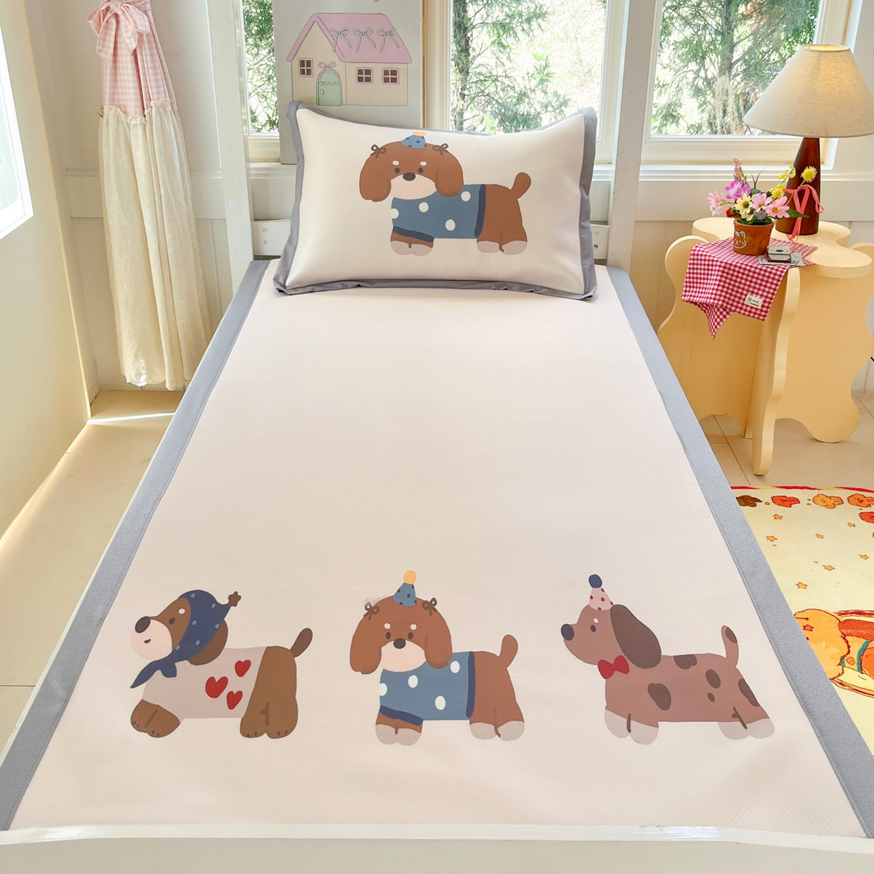 91家纺网 家纺一手货源 找家纺 川悦生活 2026新款凉豆豆大阪卡通学生床凉席席子凉席 咖啡小狗