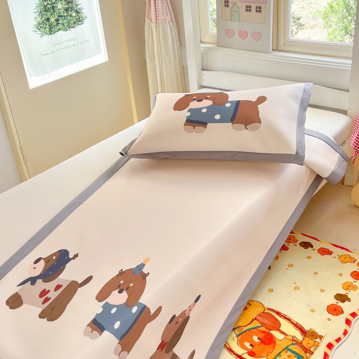 91家纺网 家纺一手货源 找家纺 川悦生活 2026新款凉豆豆大阪卡通学生床凉席席子凉席 咖啡小狗