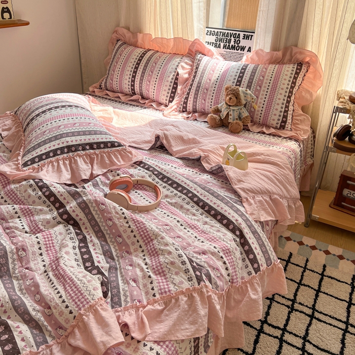 91家纺网 家纺一手货源 找家纺 梵希雅 2026新款床盖款花边夏被四件套 猫咪集