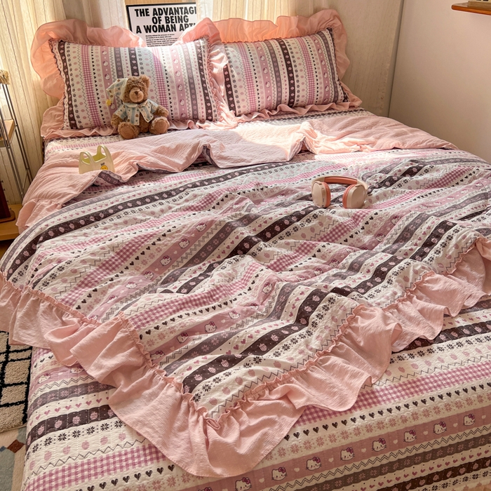 91家纺网 家纺一手货源 找家纺 梵希雅 2026新款床盖款花边夏被四件套 猫咪集