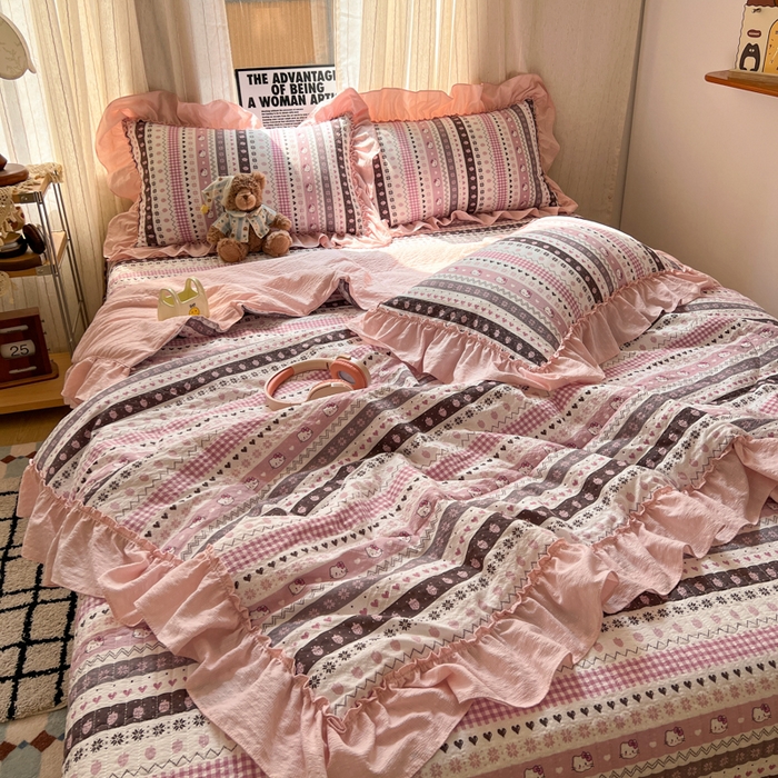 91家纺网 家纺一手货源 找家纺 梵希雅 2026新款床盖款花边夏被四件套 猫咪集