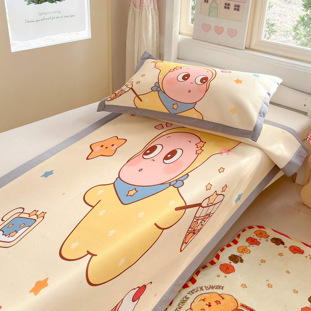 91家纺网 家纺一手货源 找家纺 川悦生活 2026新款凉豆豆大阪卡通学生床凉席席子凉席 亮星星