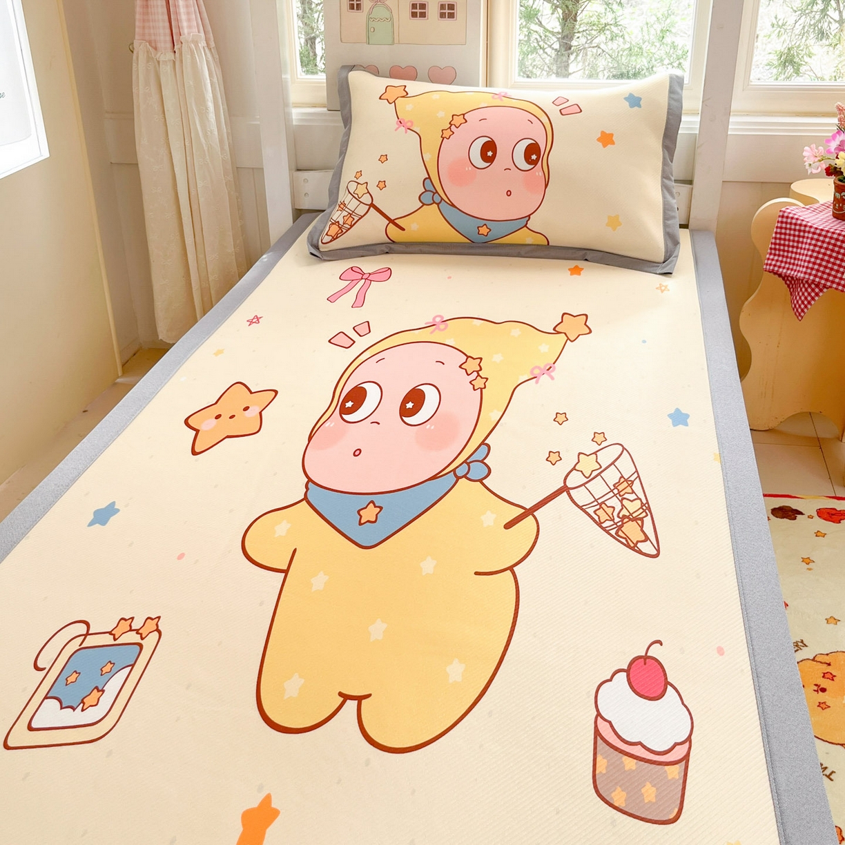 91家纺网 家纺一手货源 找家纺 川悦生活 2026新款凉豆豆大阪卡通学生床凉席席子凉席 亮星星