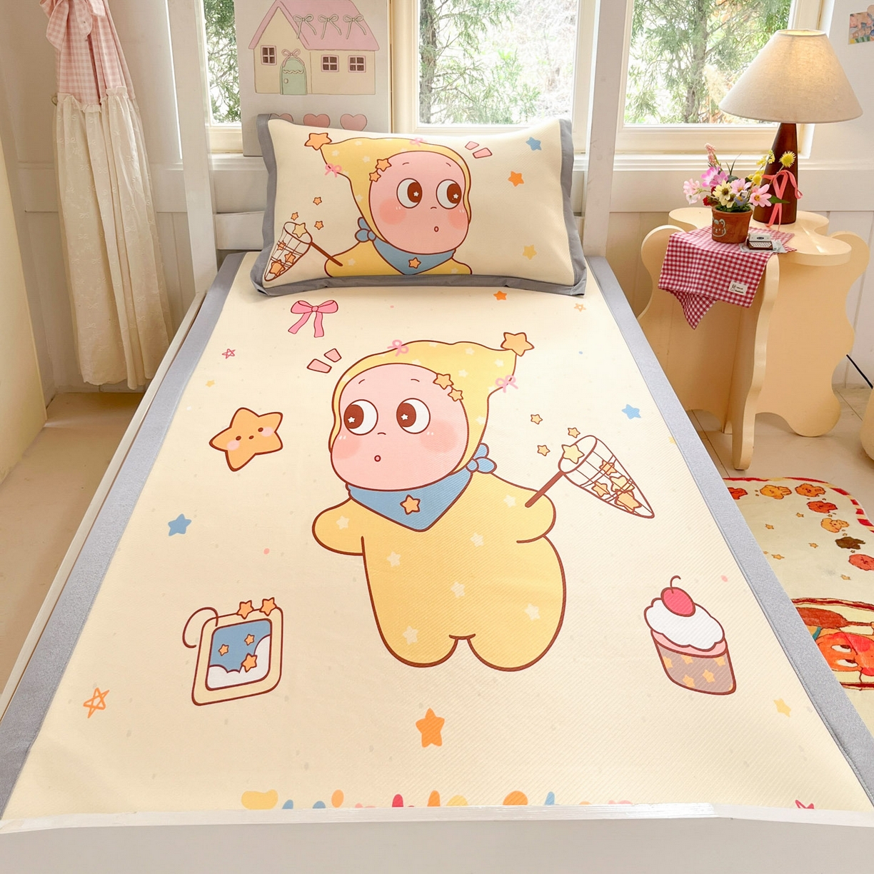 91家纺网 家纺一手货源 找家纺 川悦生活 2026新款凉豆豆大阪卡通学生床凉席席子凉席 亮星星